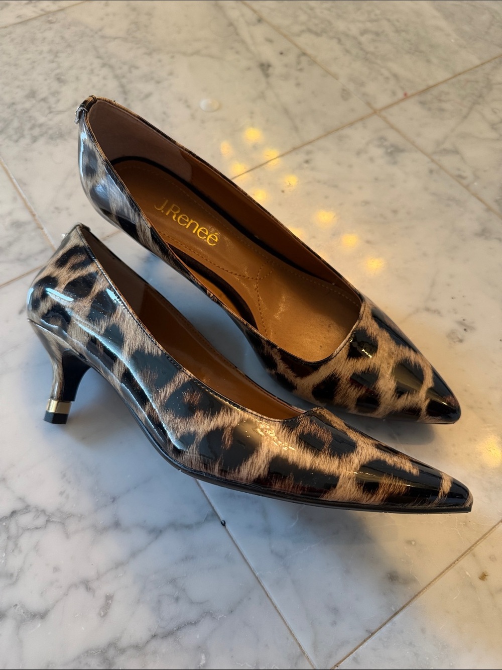 J.Renee Leopard Patent Pointed-Toe Kitten Heels w/ Gold Accents